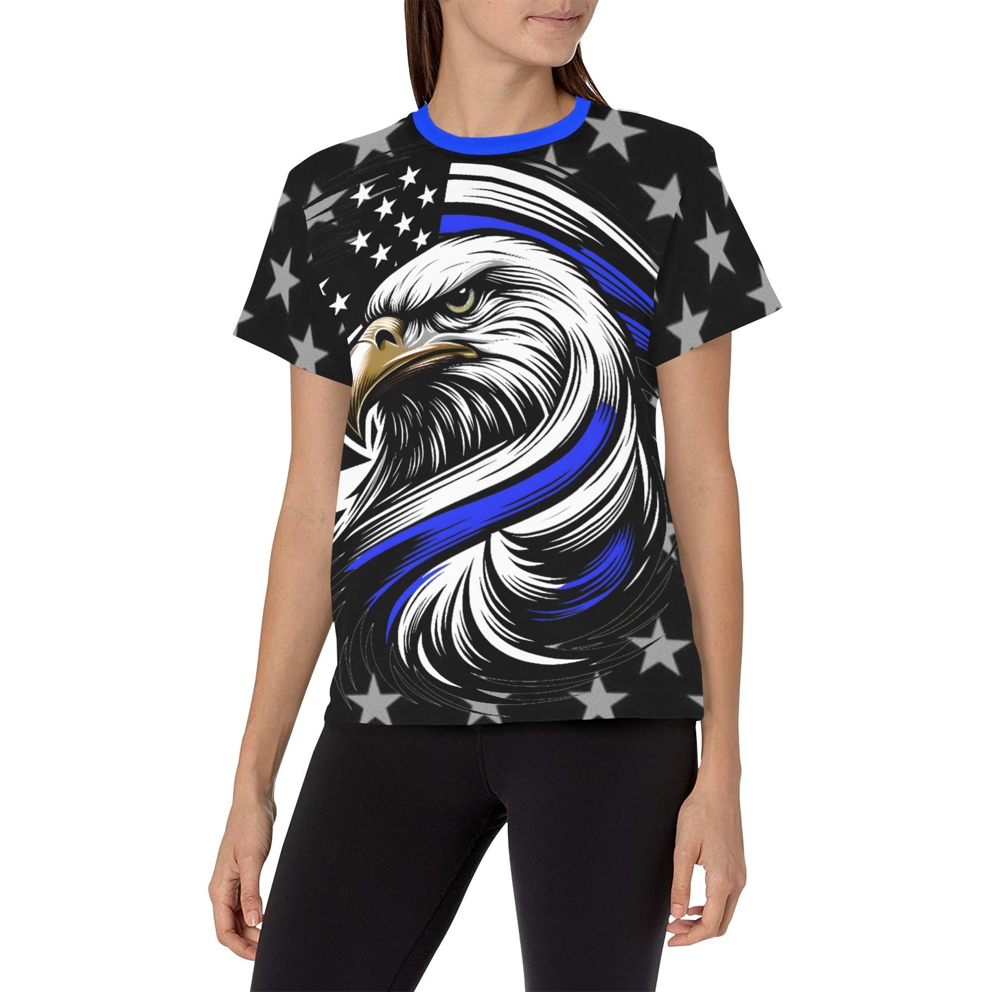 Thin Blue Line Flag Inspired Eagle Women's All Over Print Crew Neck T-Shirt(T40-2)(Made in Queens)