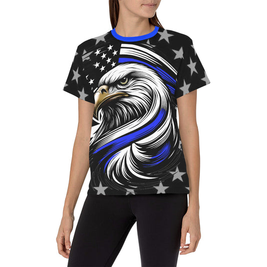 Thin Blue Line Flag Inspired Eagle Women's All Over Print Crew Neck T-Shirt(T40-2)(Made in Queens)