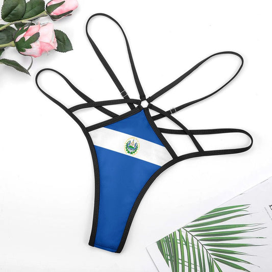 Black strappy thong with El Salvador flag, [Brand] design.