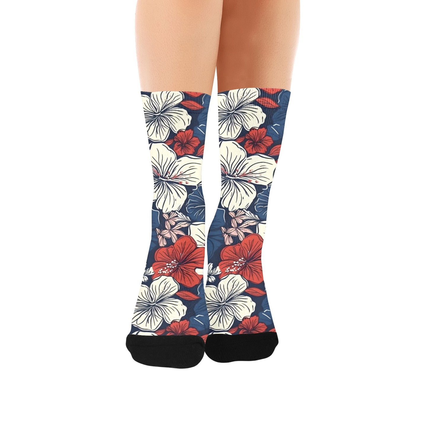 USA/American Flag Inspired Hawaiian Floral Pattern Women’s Custom Socks Made in the USA