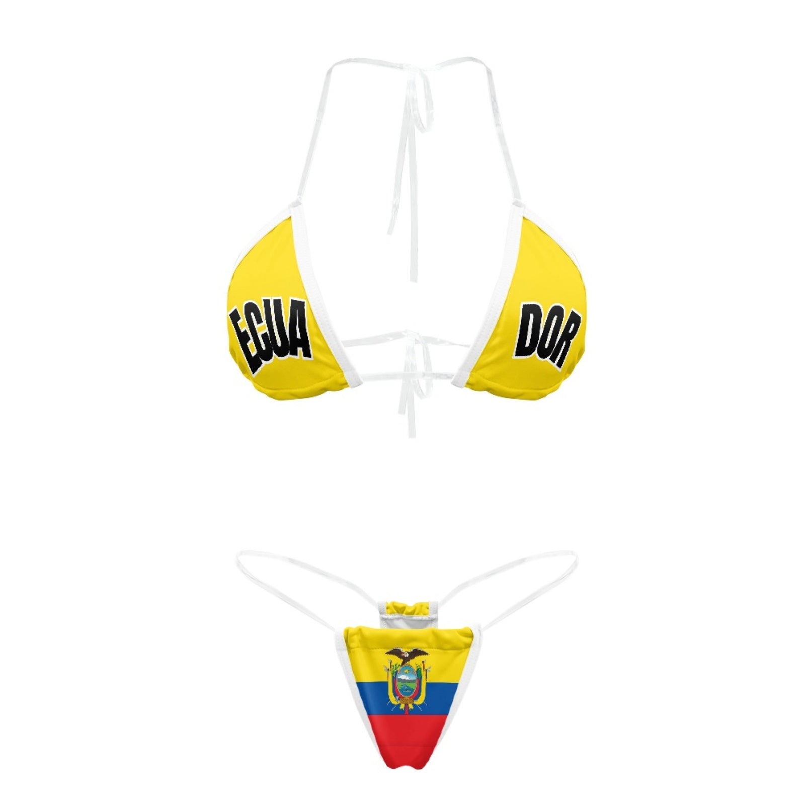 Bikini with Ecuadorian flag design by [Brand], front view.