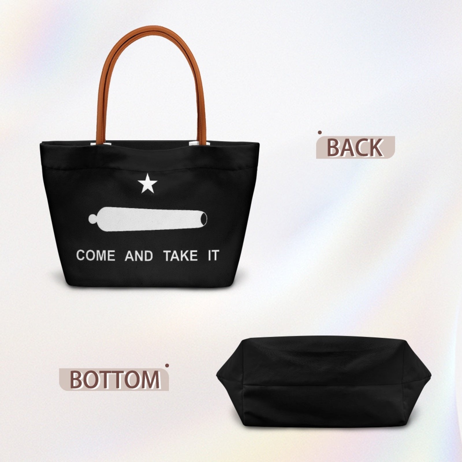 [Brand] bag featuring "Come and Take It" design, black.