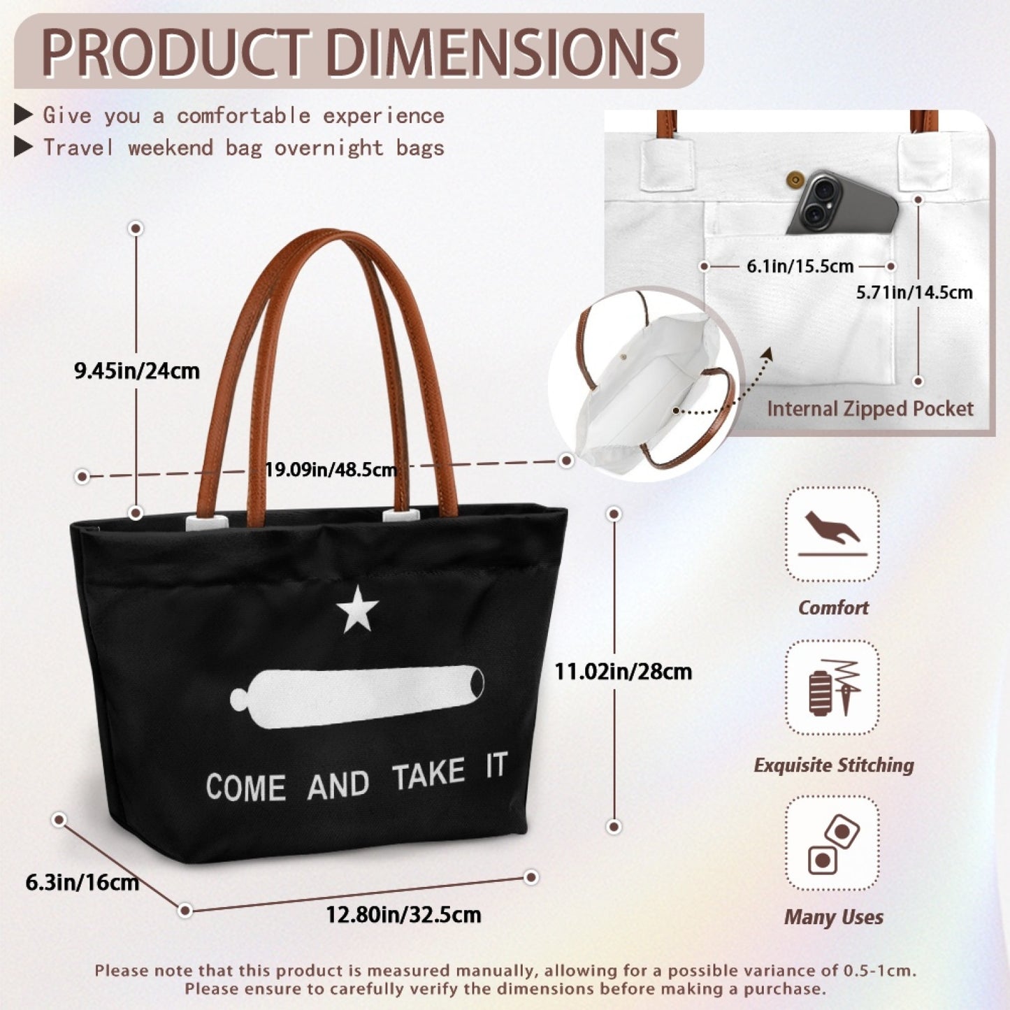 Black [Brand] tote bag with dimensions and internal pocket.