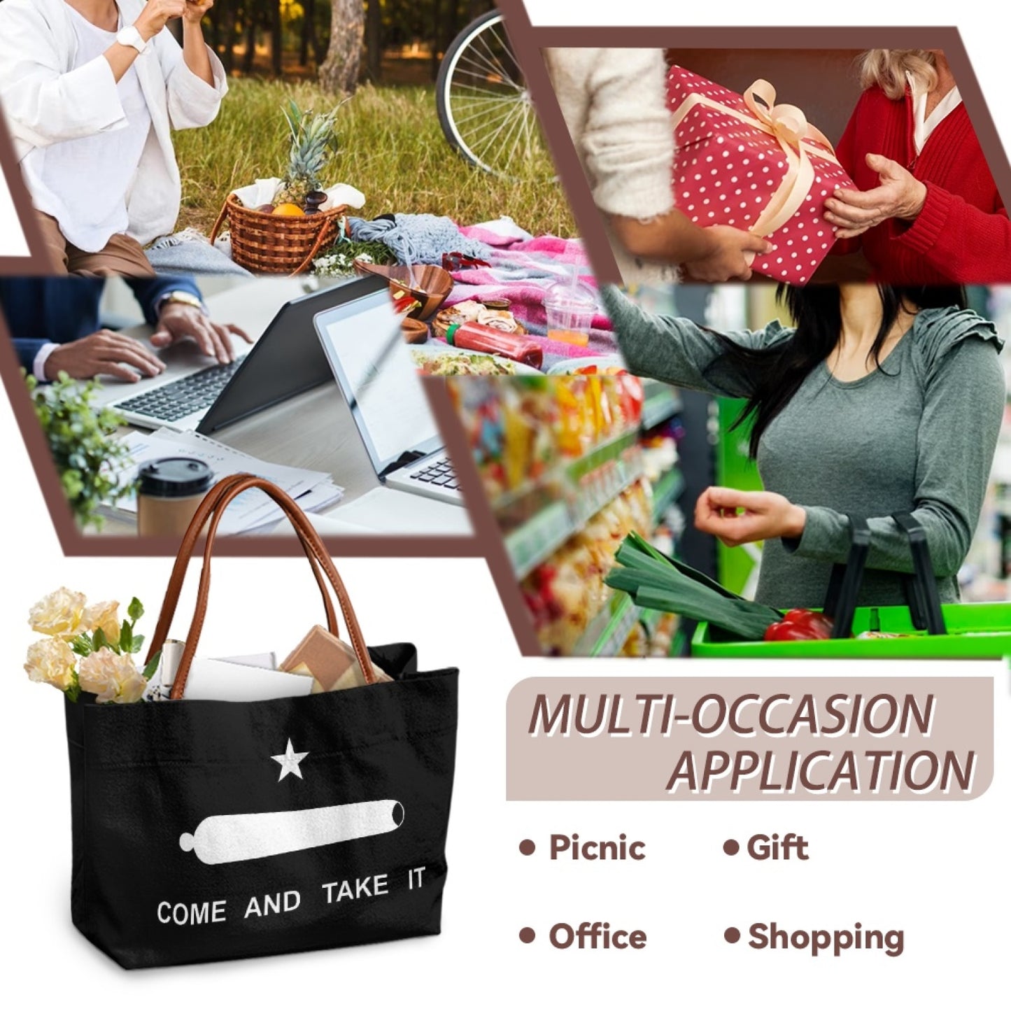 [Brand] bag shown for picnic, office, gift, shopping.