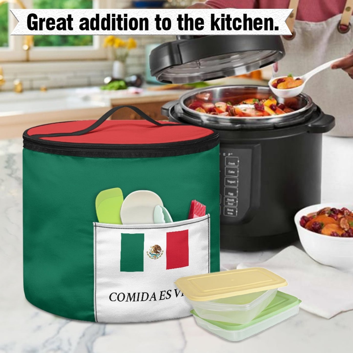 Mexico Flag Inspired "COMIDA ES VIDA" Electric Pressure Cooker Insulation Bag