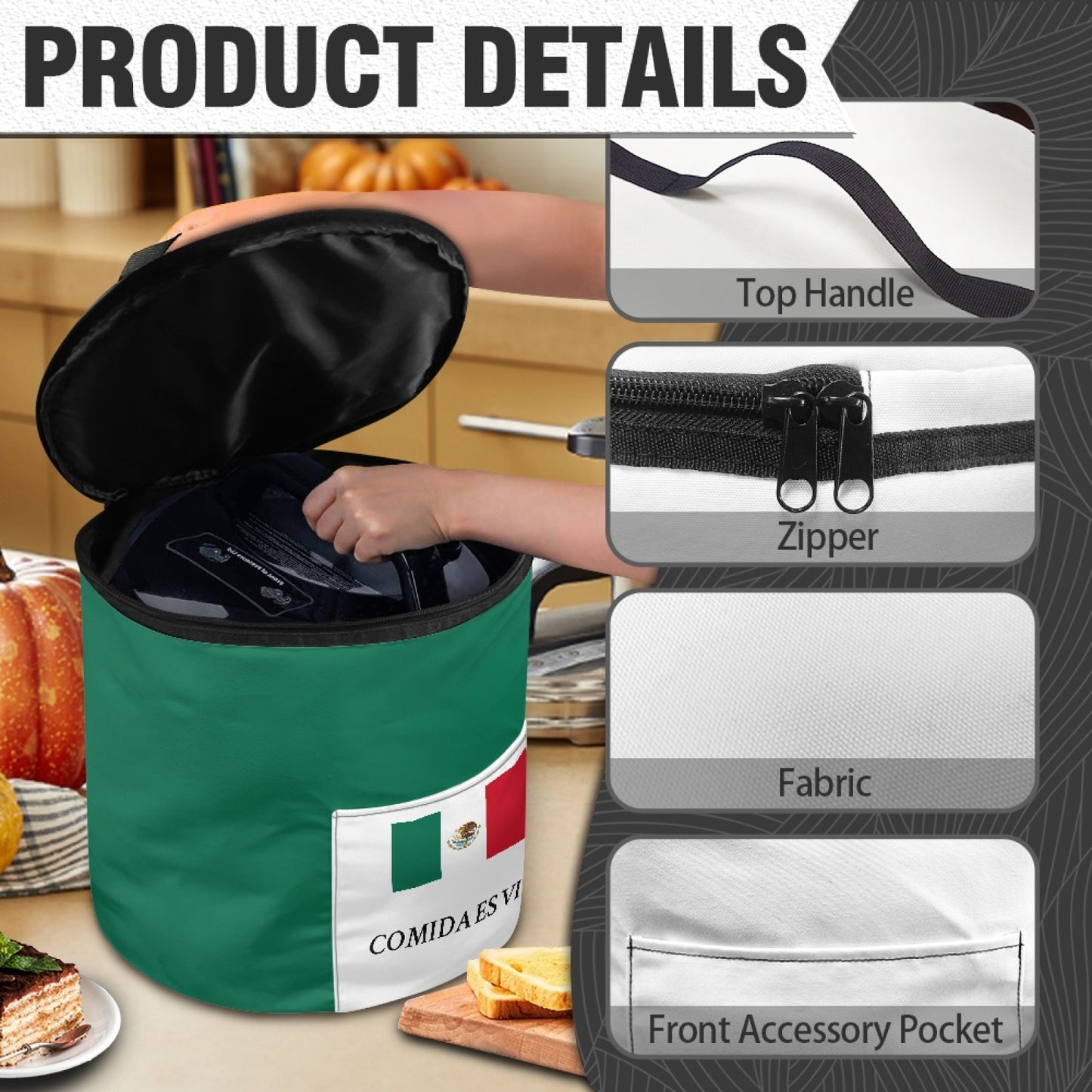 Mexico Flag Inspired "COMIDA ES VIDA" Electric Pressure Cooker Insulation Bag