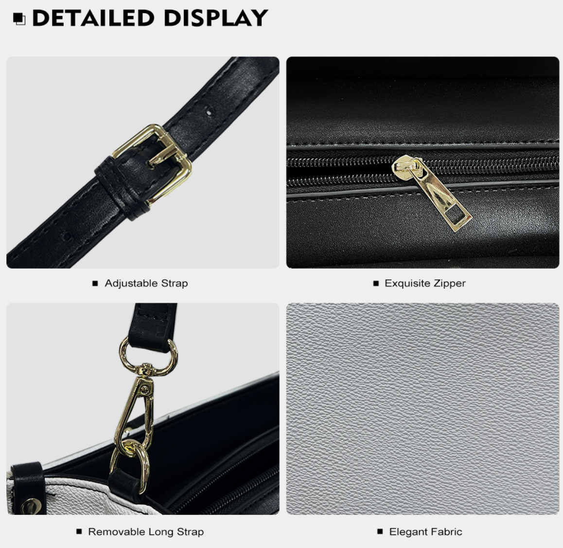 [Brand] handbag details: adjustable strap, exquisite zipper, elegant fabric.