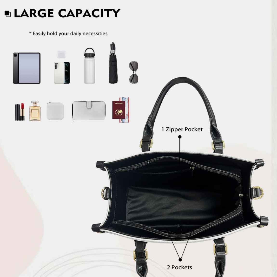 Black [Brand] handbag, large capacity, open view, multiple pockets.