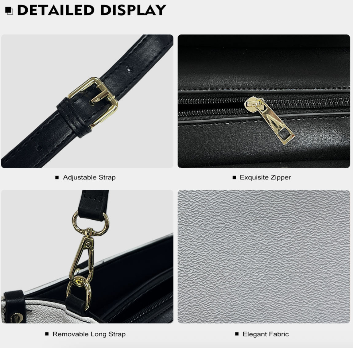 [Brand] bag featuring adjustable strap, removable strap, elegant fabric.