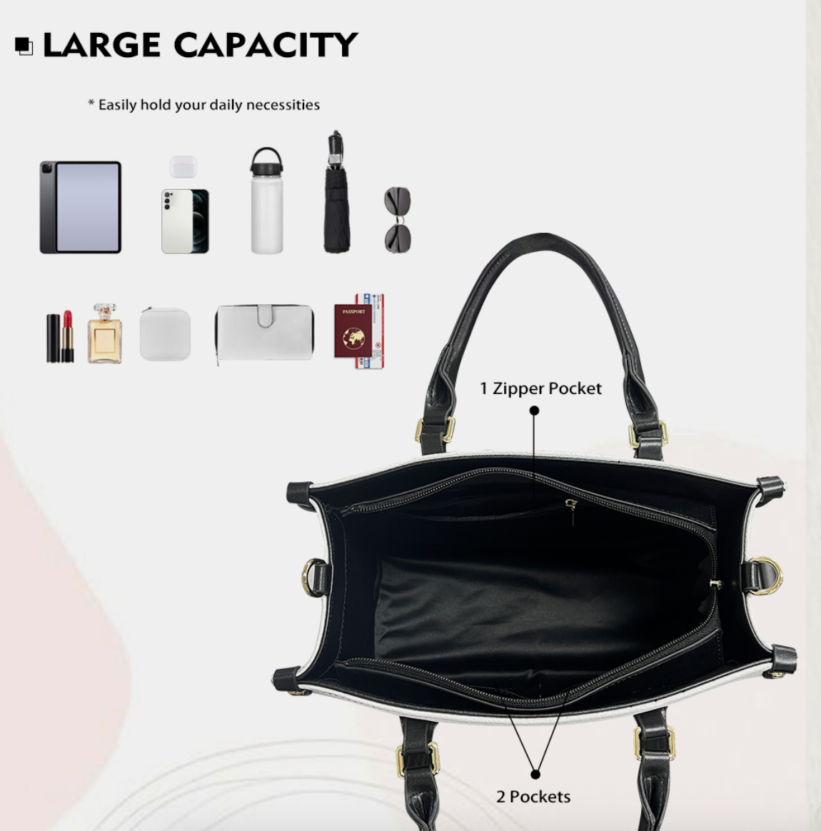 [Brand] black handbag showcasing large capacity with multiple pockets.