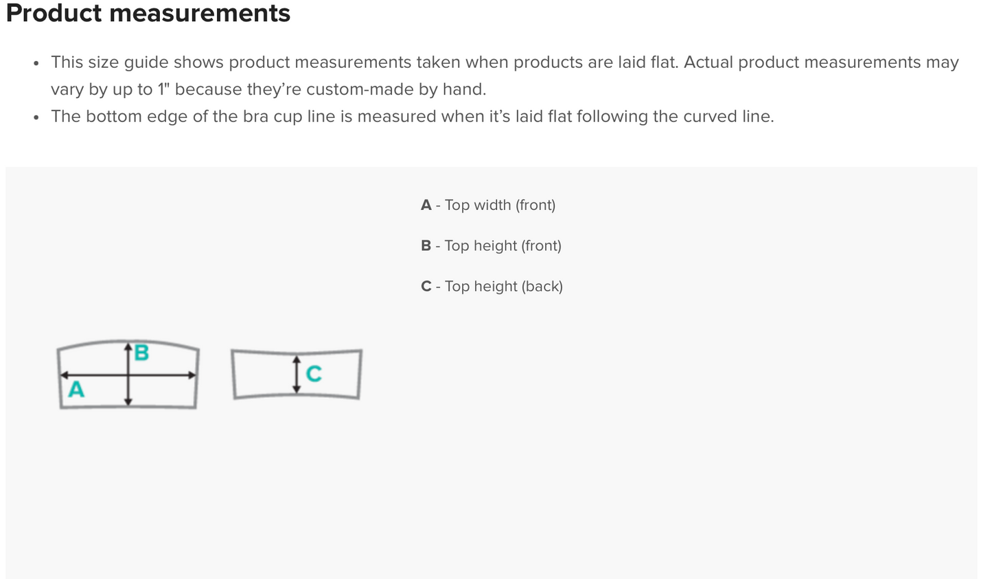 [Brand] bra size guide diagram with labeled measurements A-C.