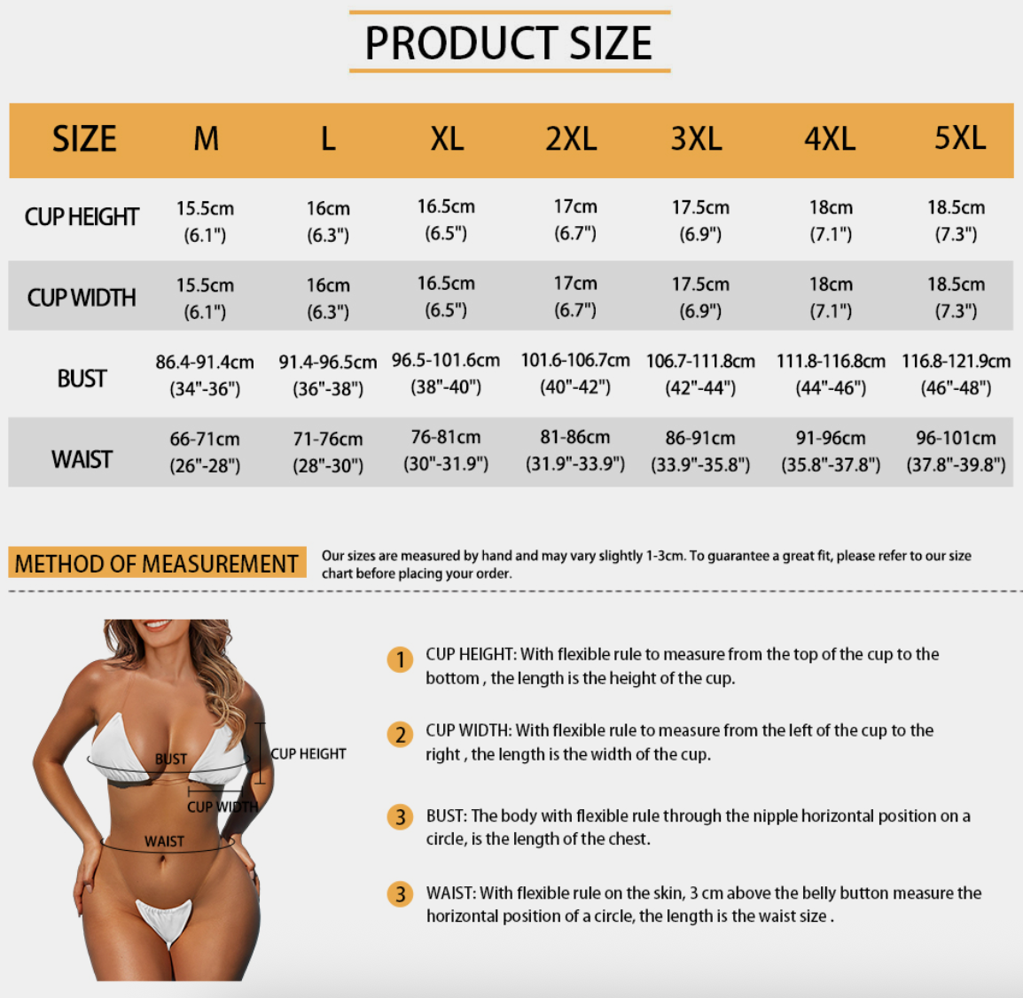 [Brand] product size chart with measurements and instructions illustration.