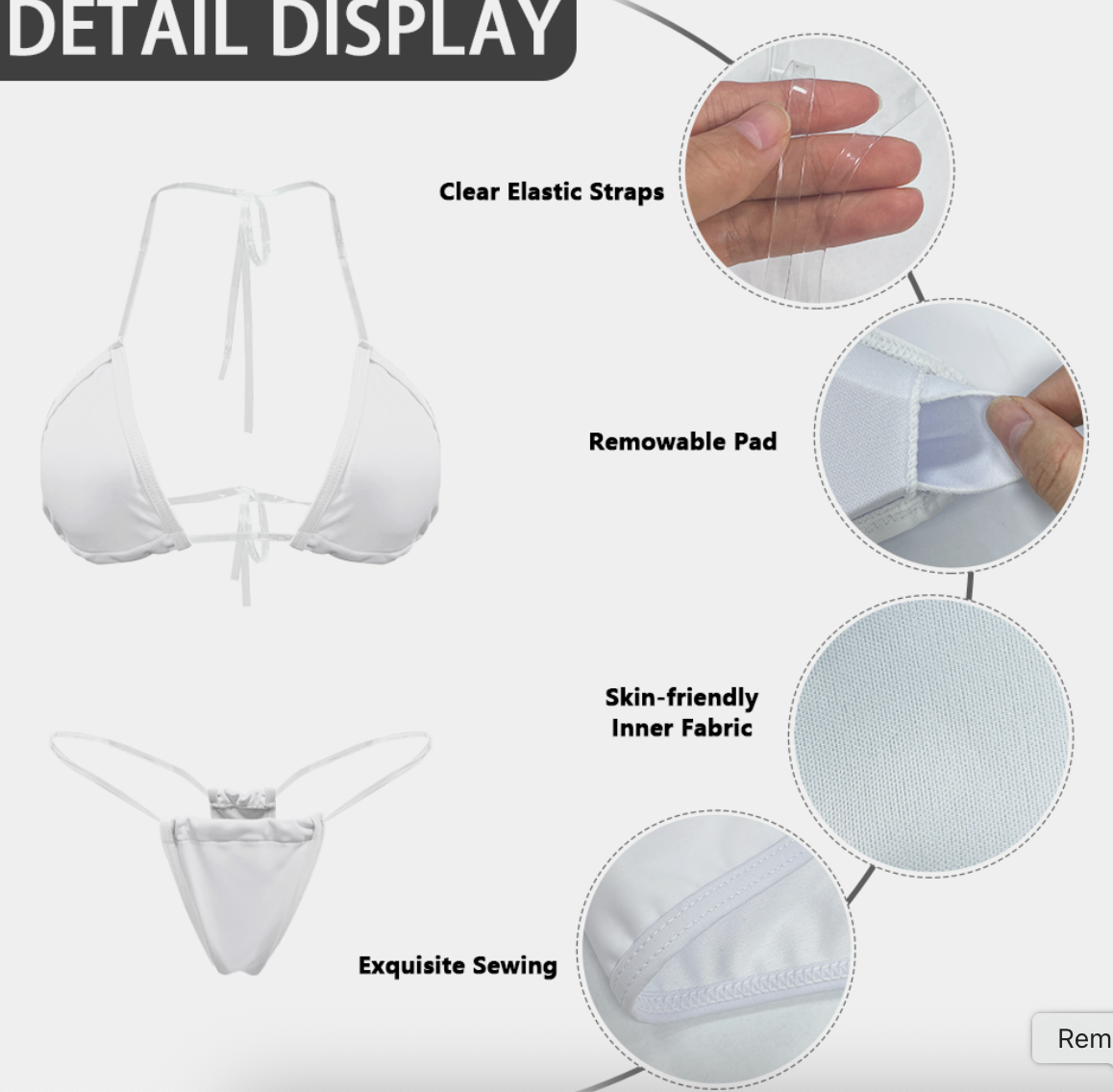 [Brand] detailed swimwear display: elastic straps, removable pad, sewing.