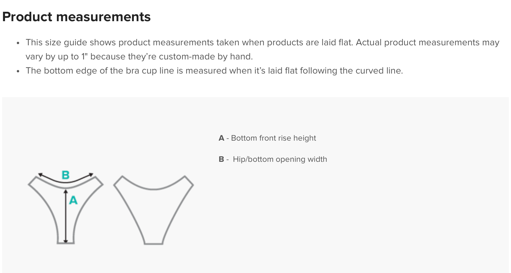 [Brand] size guide showing flat-laid product measurement diagram.