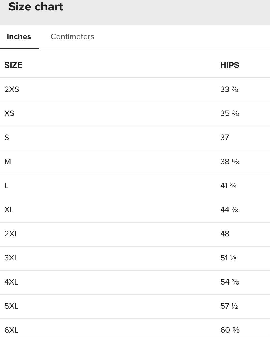 [Brand] size chart for hips in inches, displaying measurements.