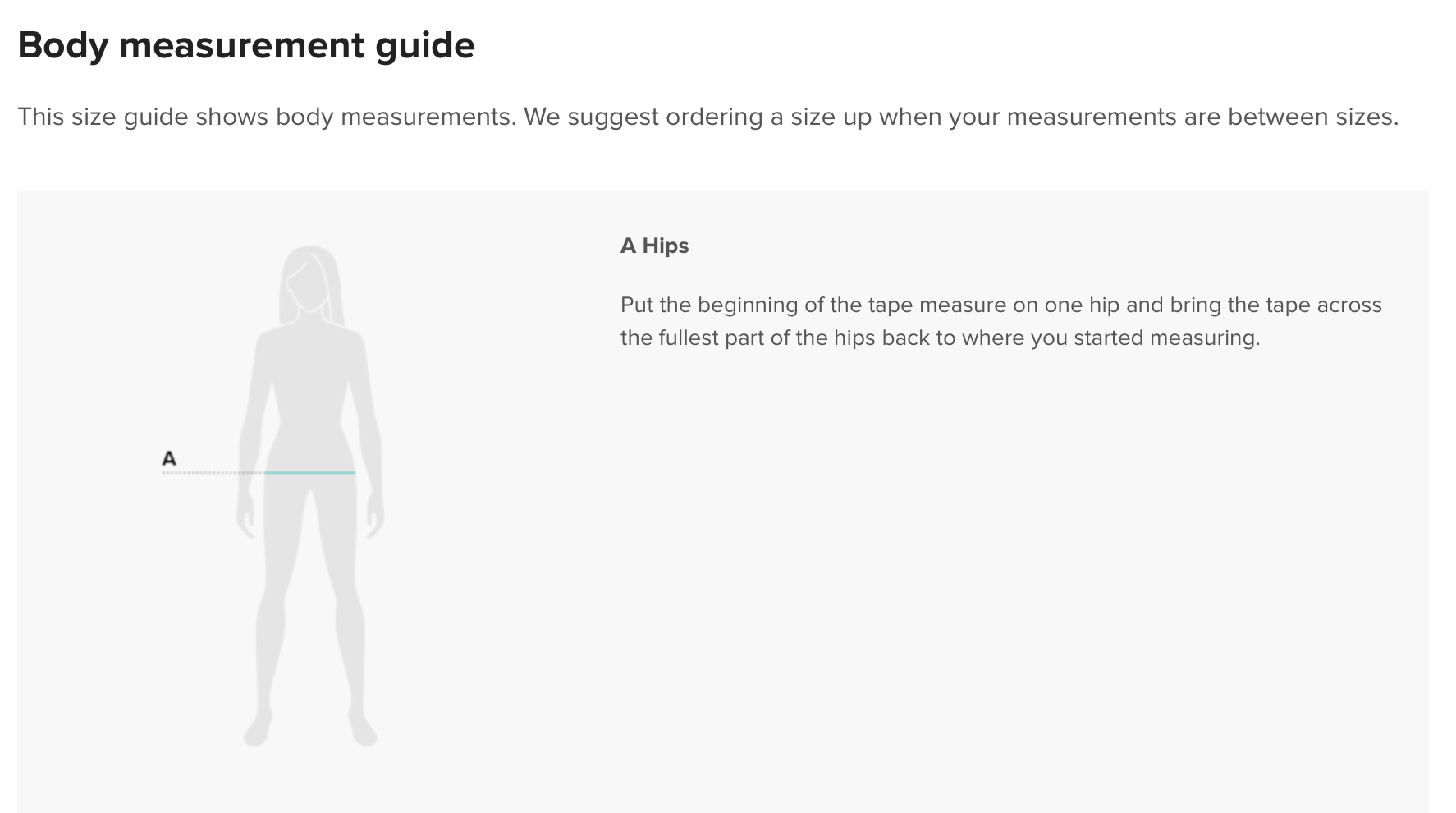 [Brand] body measurement guide, hips measurement illustration with instructions.