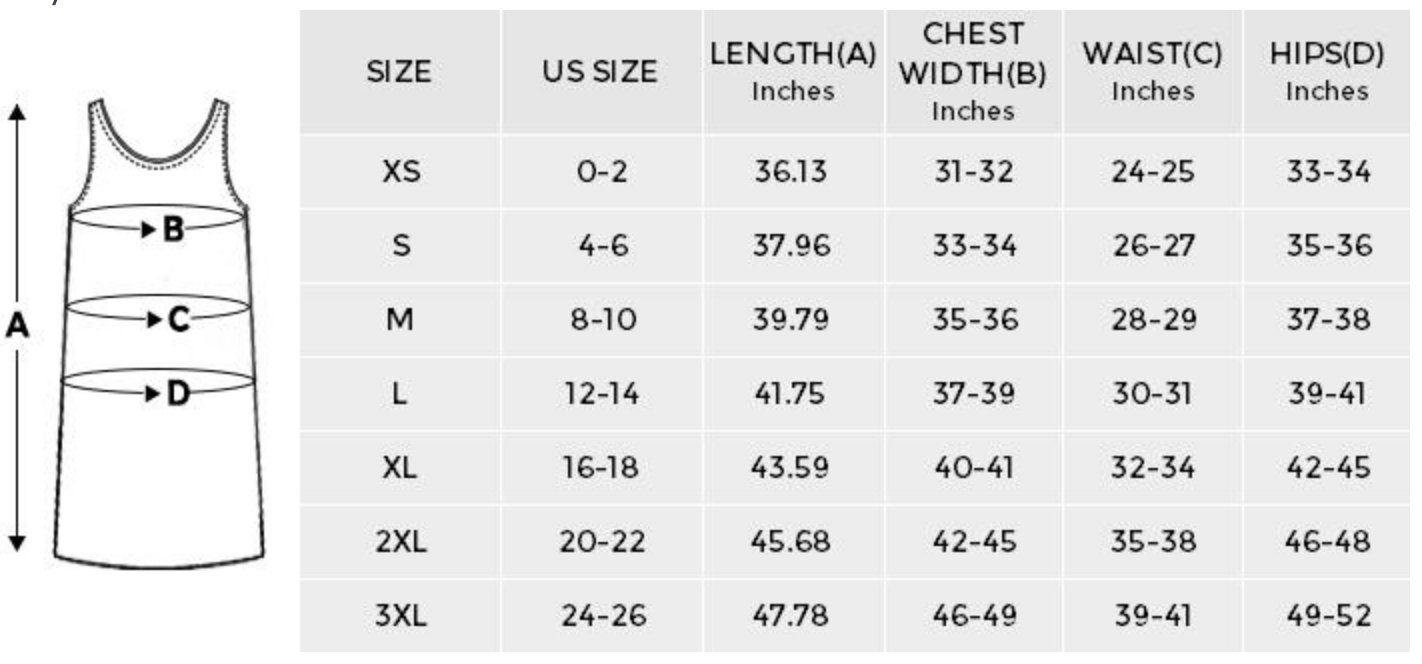 [Brand] dress size chart with measurements for different sizes.