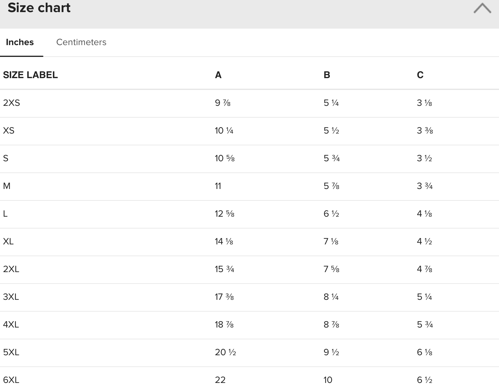 [Brand] size chart with measurements in inches for clothing.