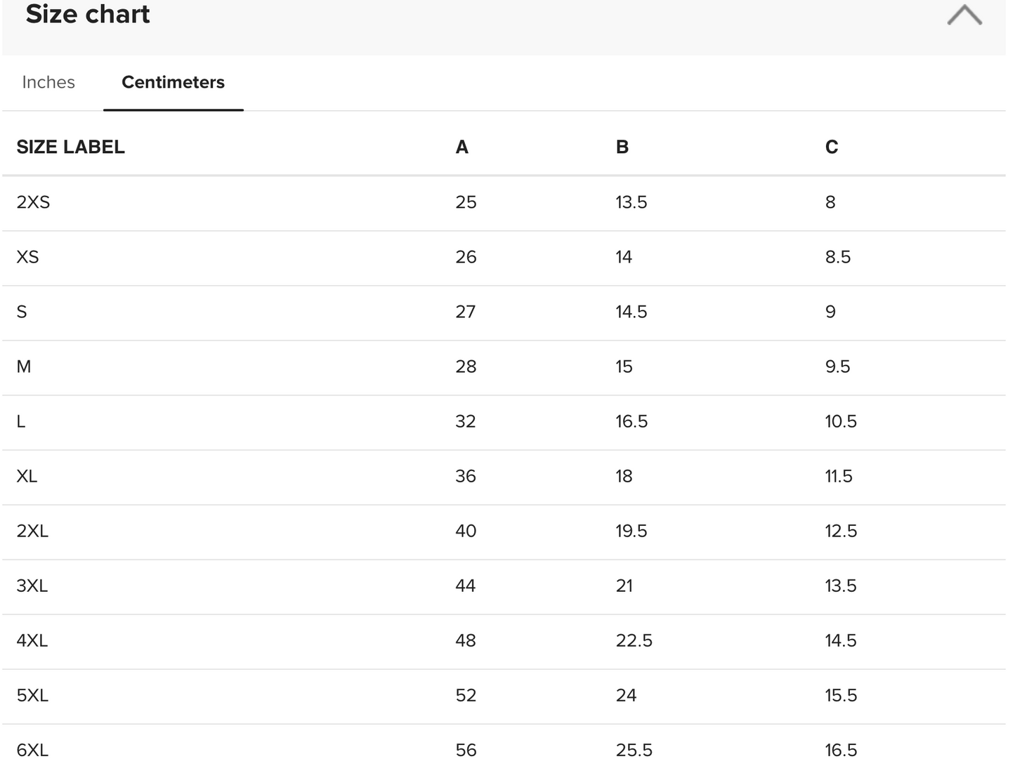 [Brand] size chart showing measurements in centimeters for clothing.