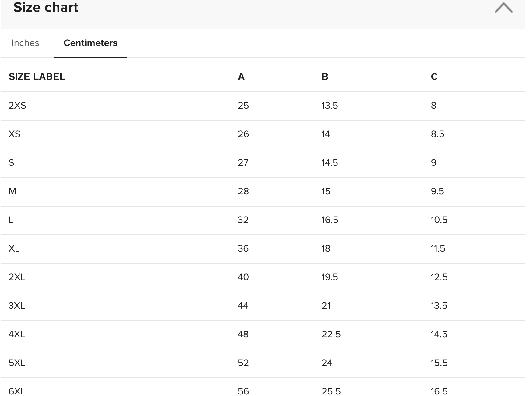 [Brand] size chart showing measurements in centimeters for clothing.