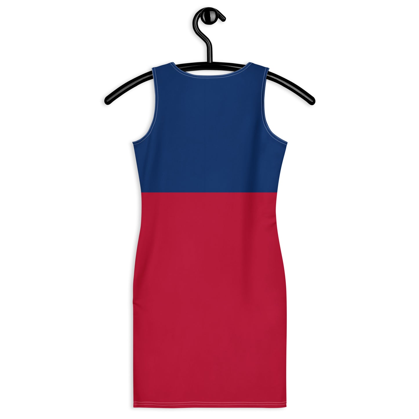 The back side of Texas flag inspired bodycon dress with blue, white, and red color block design and a white star on the chest, displayed on a hanger against a white background