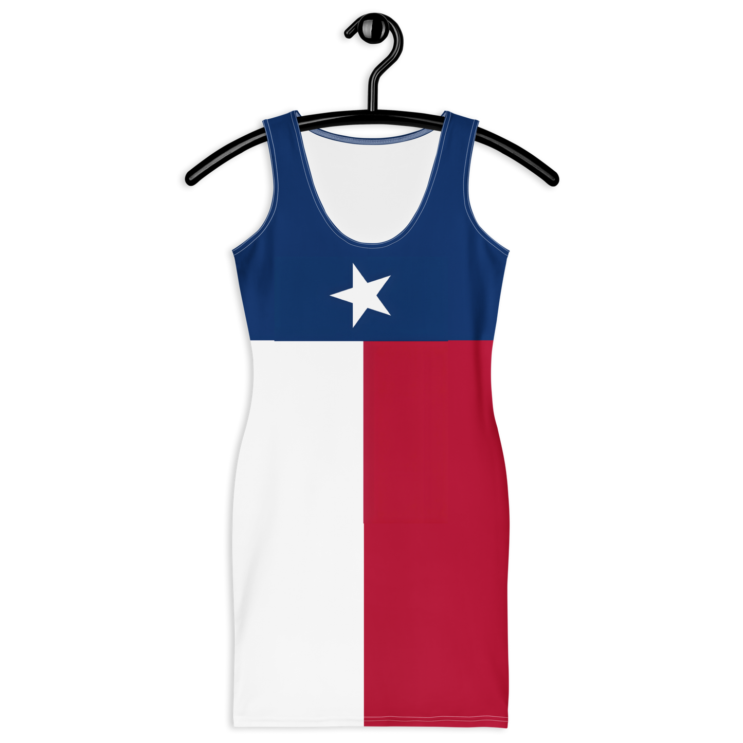 Texas flag inspired bodycon dress with blue, white, and red color block design and a white star on the chest, displayed on a hanger against a white background