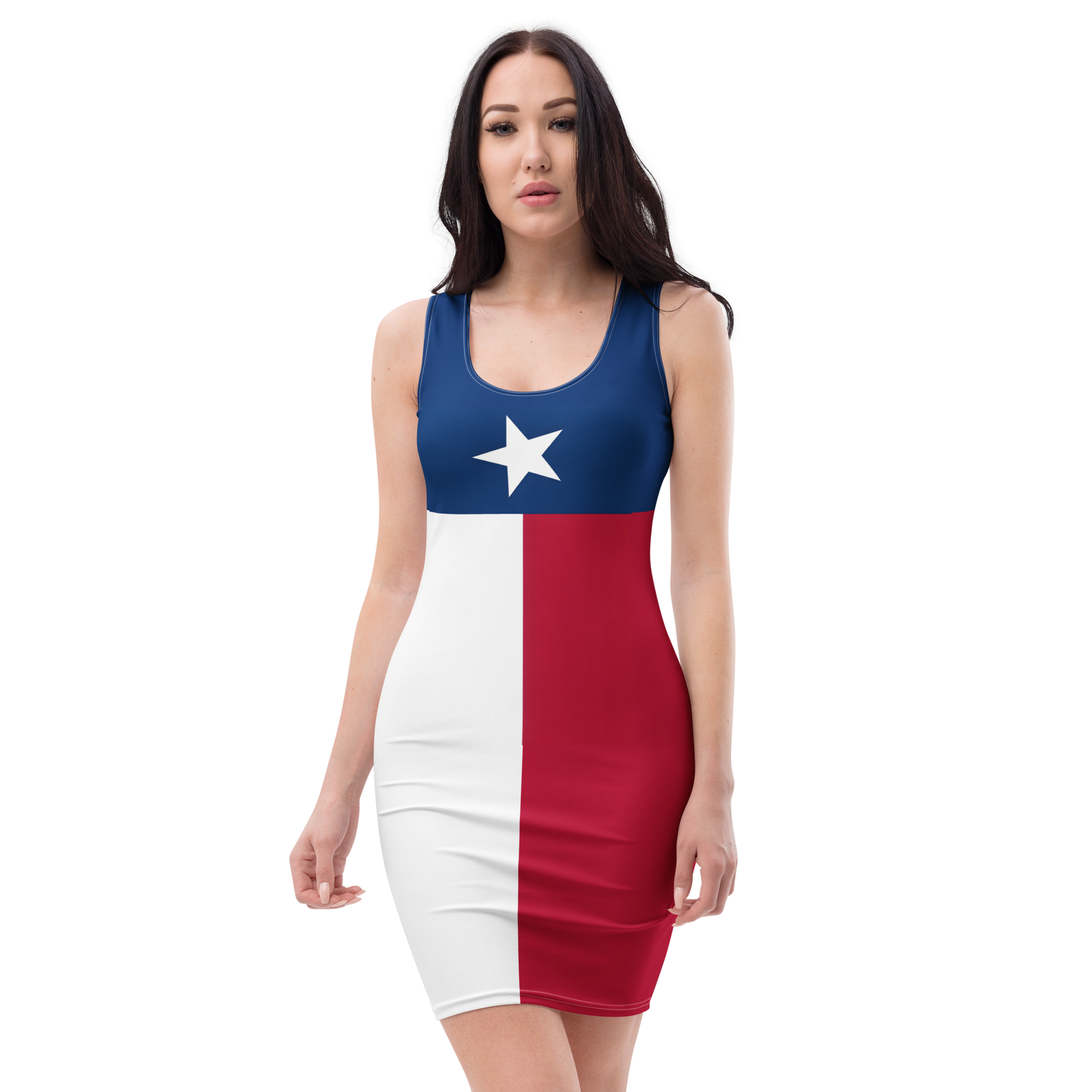 Model wearing Texas Flag Inspired Bodycon Dress with blue, white, and red vertical color blocks and a white star on the chest