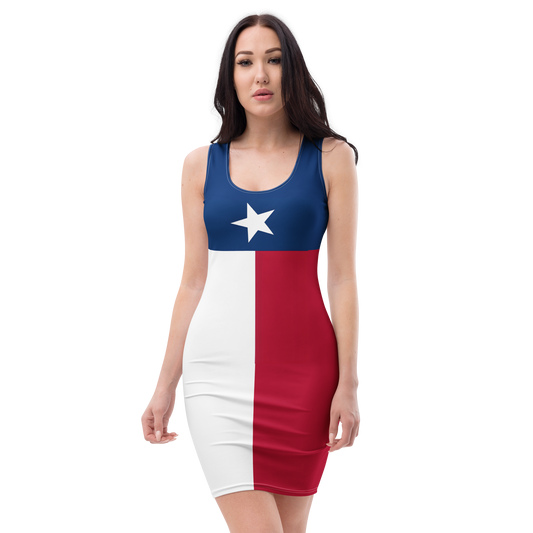 Model wearing Texas Flag Inspired Bodycon Dress with blue, white, and red vertical color blocks and a white star on the chest
