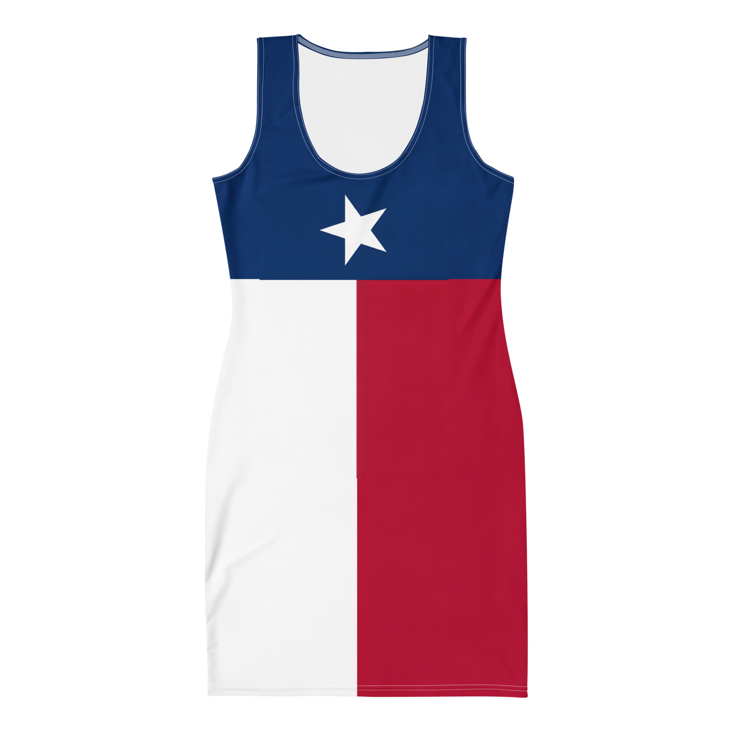 Flat lay of Texas flag inspired bodycon dress featuring bold blue, white, and red panels with a white star on the chest, laid flat on a white background