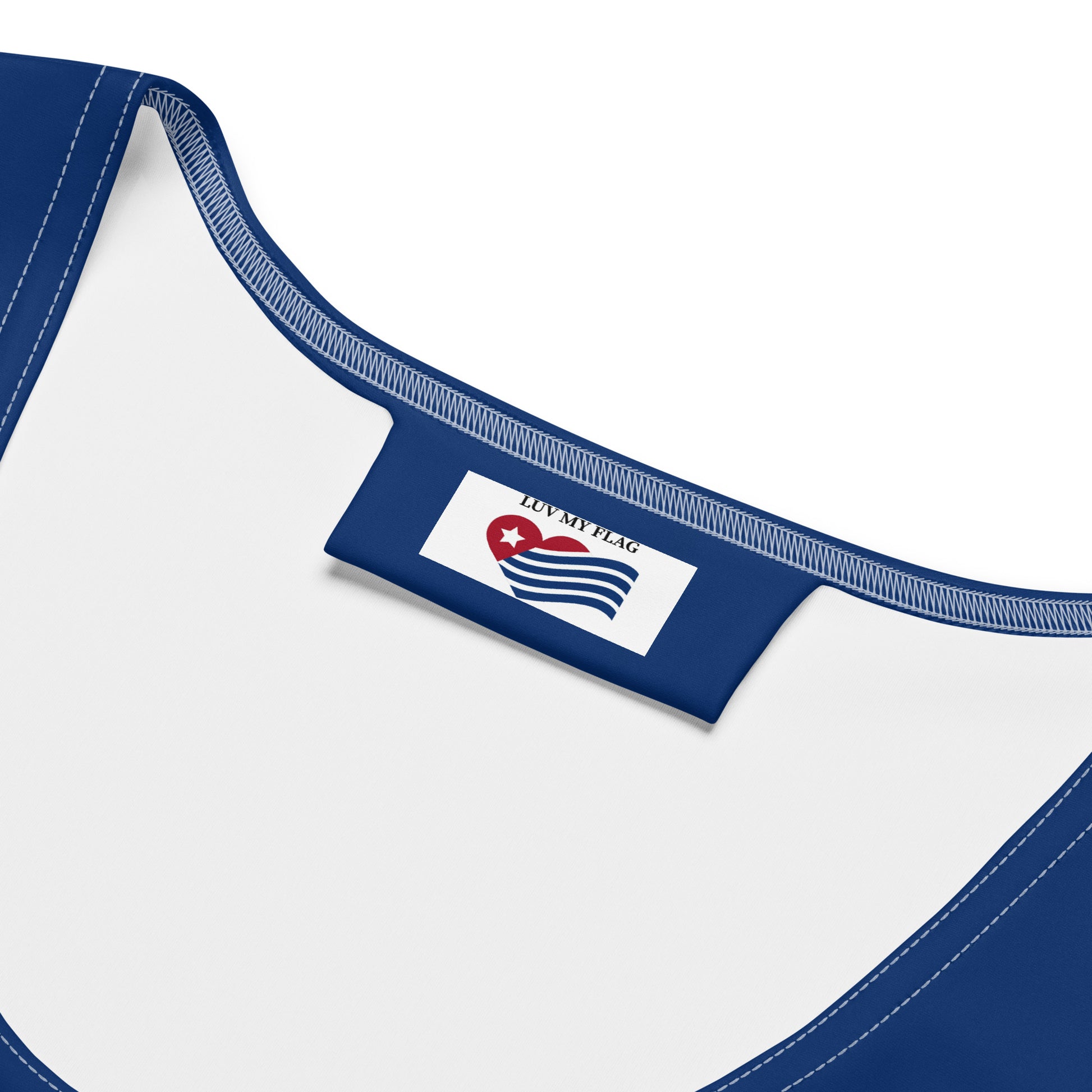 Close-up of neckline and inner label of Texas flag inspired bodycon dress showing Luv My Flag branding on white and blue fabric