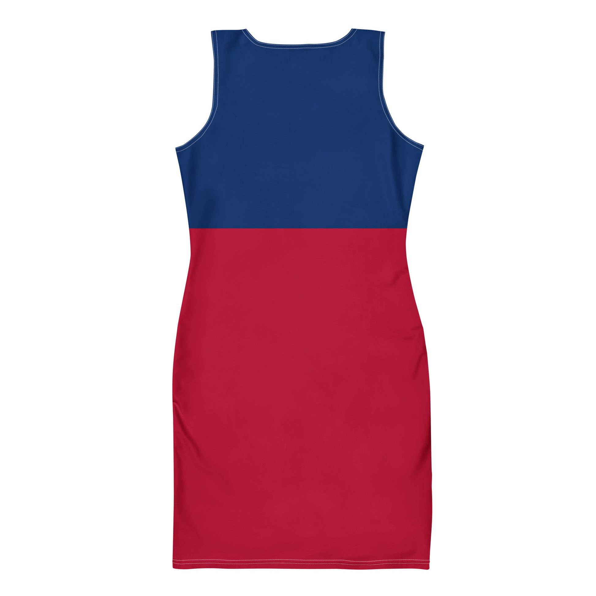 Flat lay of the back of the Texas flag inspired bodycon dress featuring bold blue, white, and red panels with a white star on the chest, laid flat on a white background