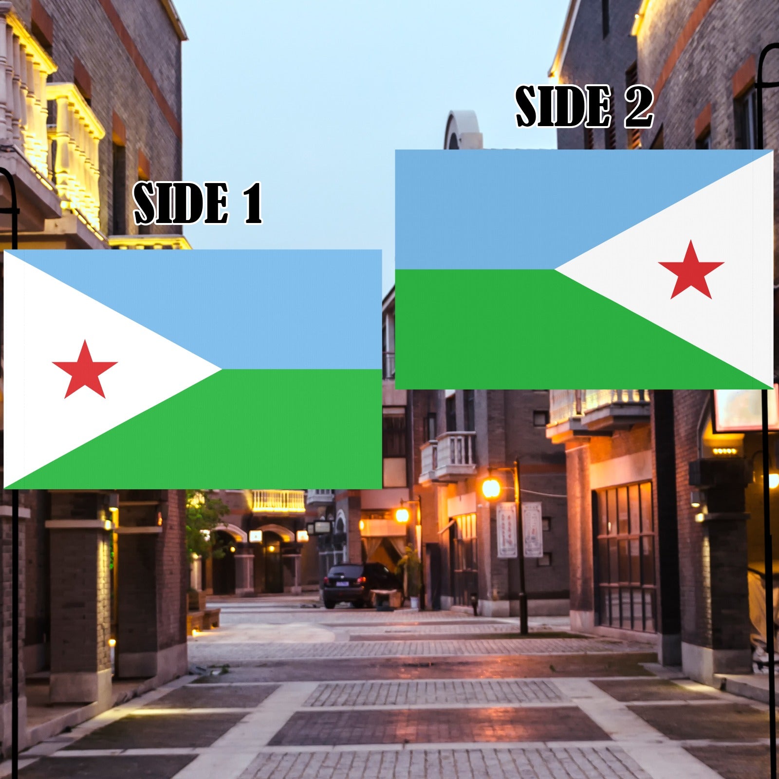 City street with two identical Djibouti flags, Luv My Flag.