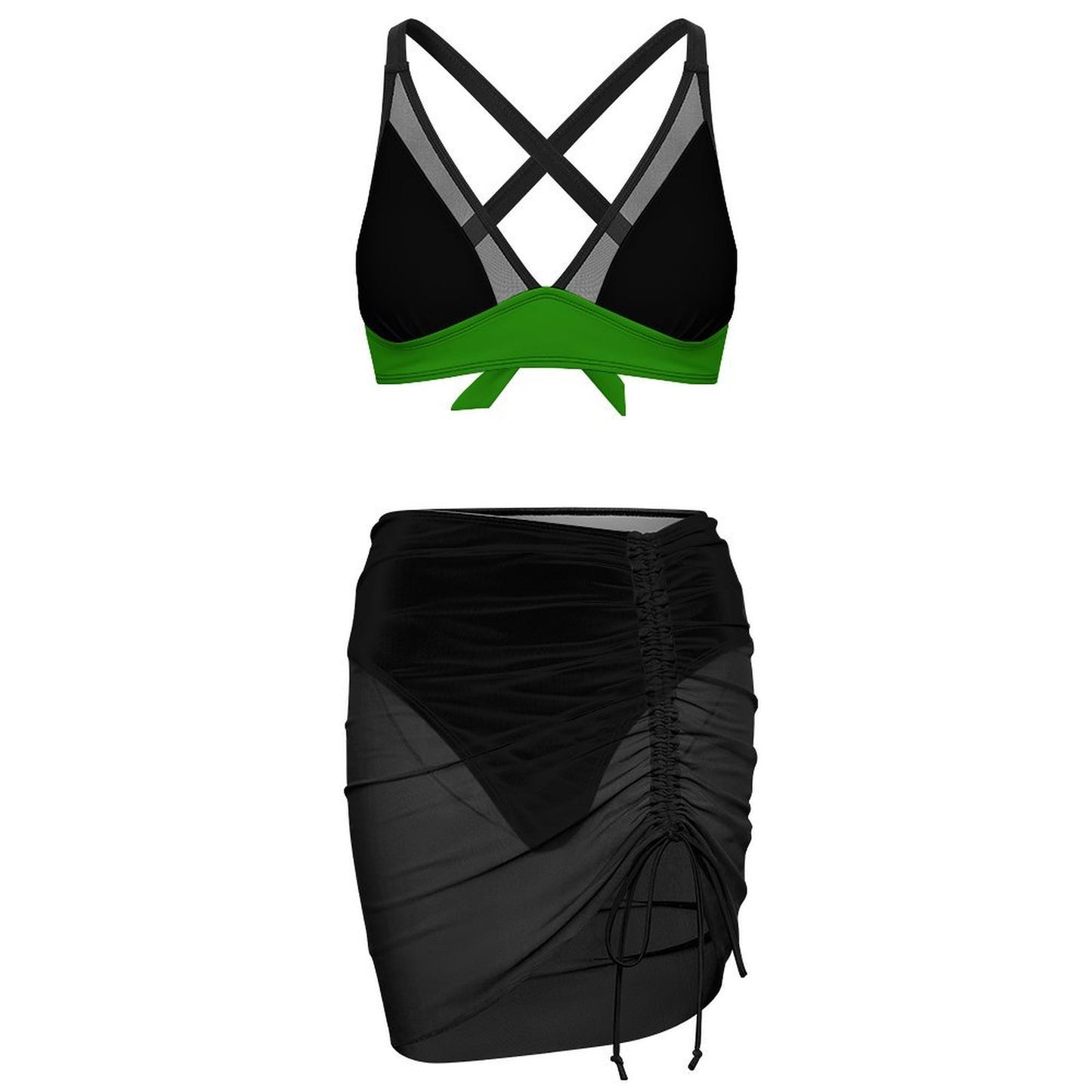 Thin Green Line Flag Inspired Women's Mesh Drawstring Skirt and Swimsuit Set