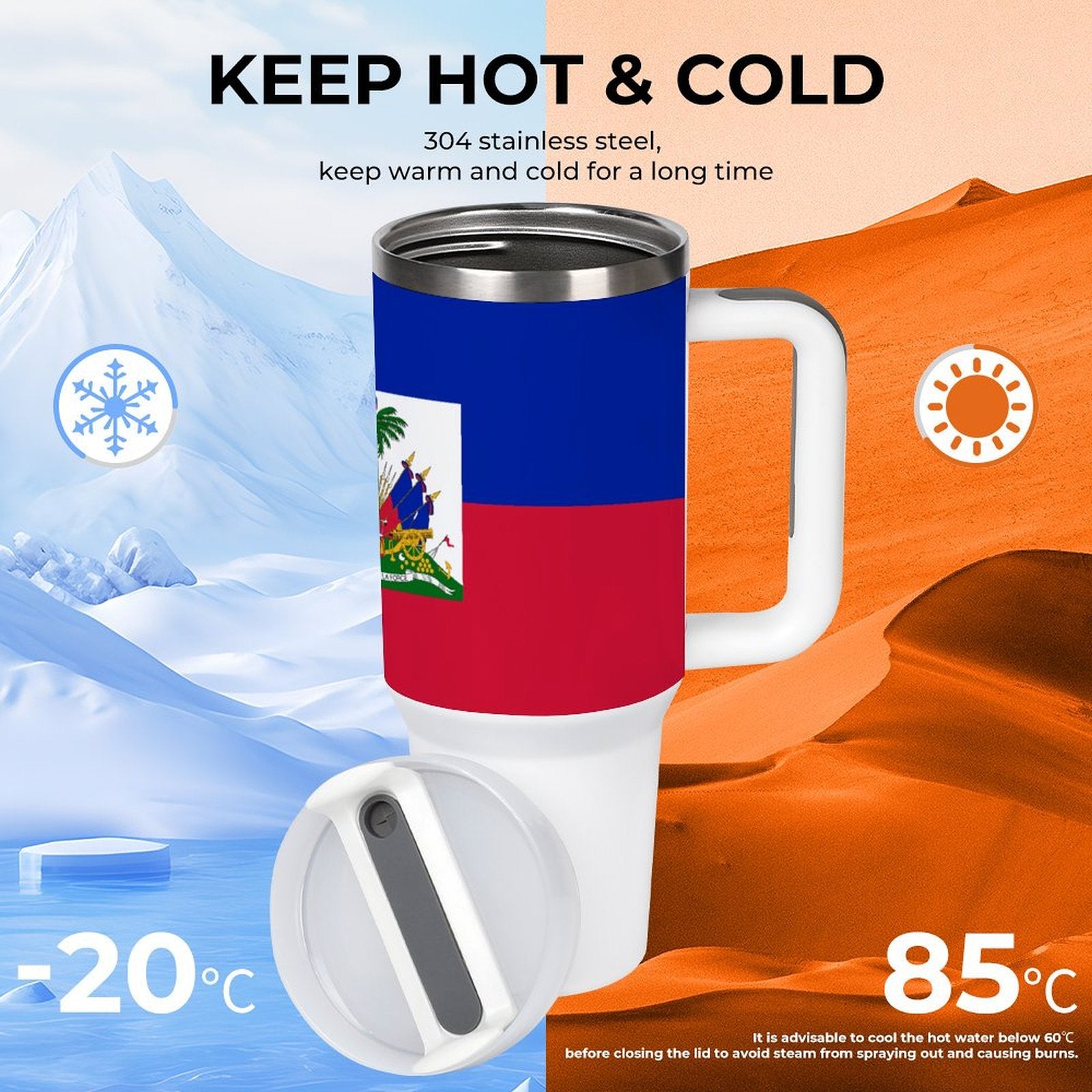 [Brand] insulated mug with Haiti flag keeps drinks hot/cold.