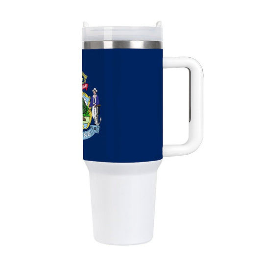 [Brand] blue and white travel mug with handle, Maine design.