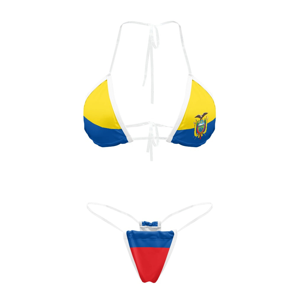 [Brand] bikini featuring Ecuadorian flag colors and emblem design.