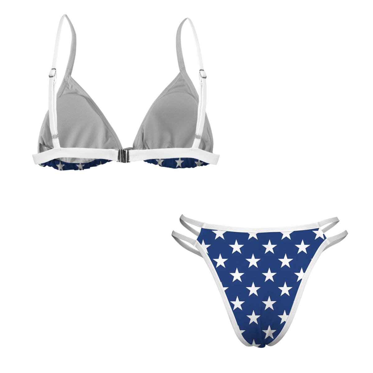USA/American Flag Inspired White Stars on Blue w/White String Double-Strap Triangle Bikini Set