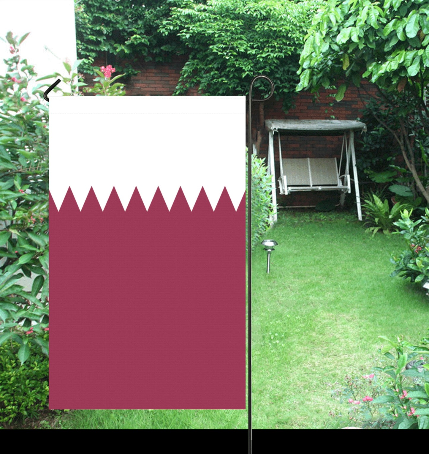 [Luv My Flag] garden flag with maroon and white design.