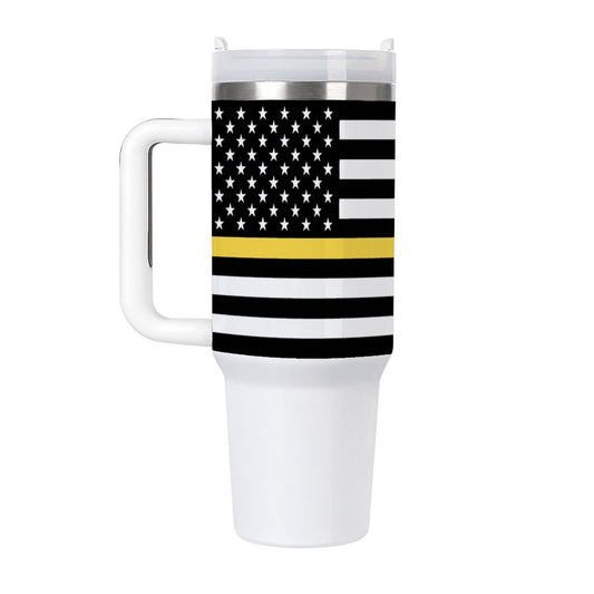[Brand] mug featuring black and white stripes, yellow line.