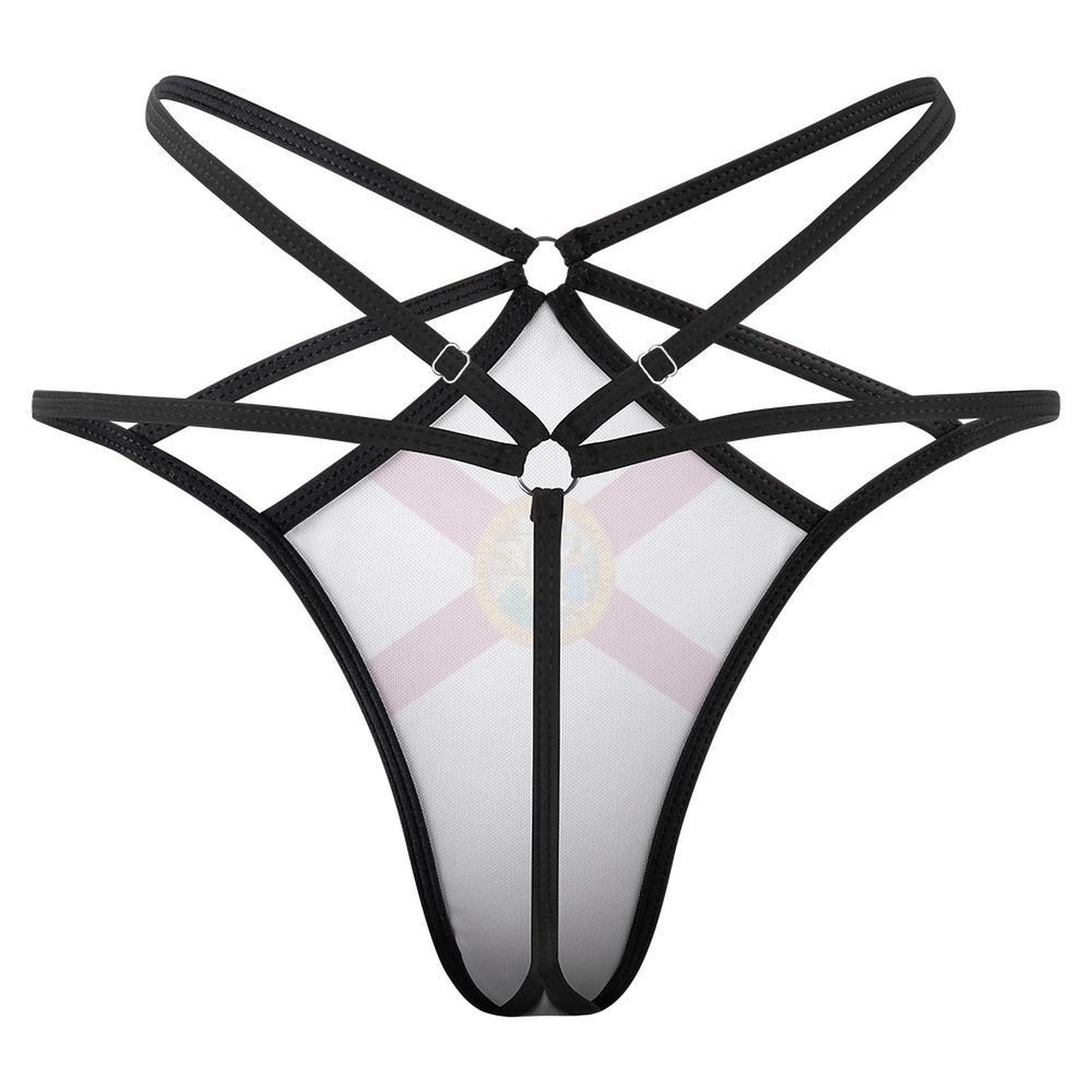 Black strappy back thong with [Brand] logo, stylish design.