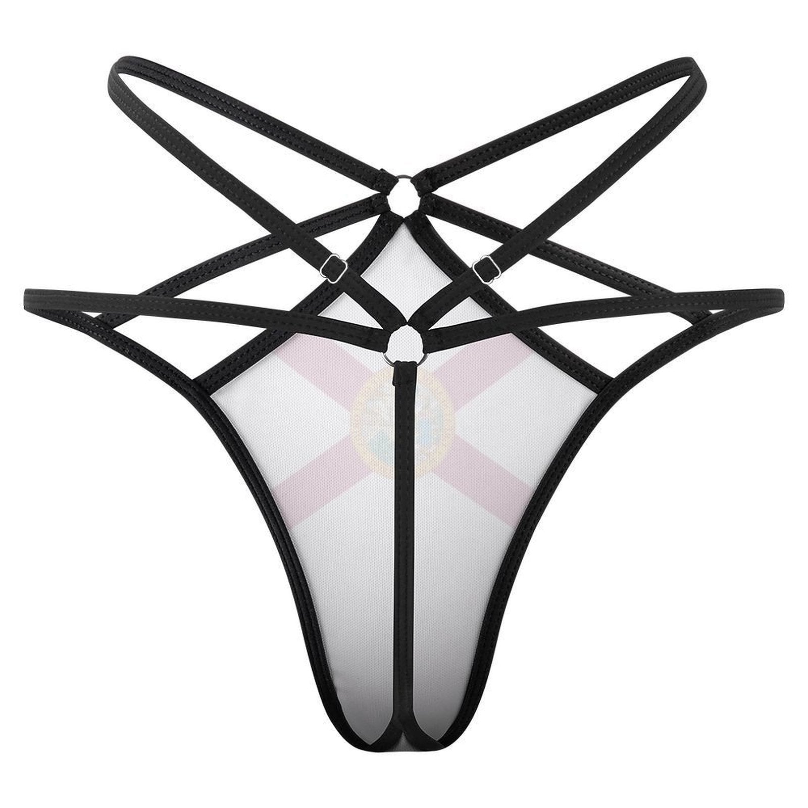 Black strappy back thong with [Brand] logo, stylish design.
