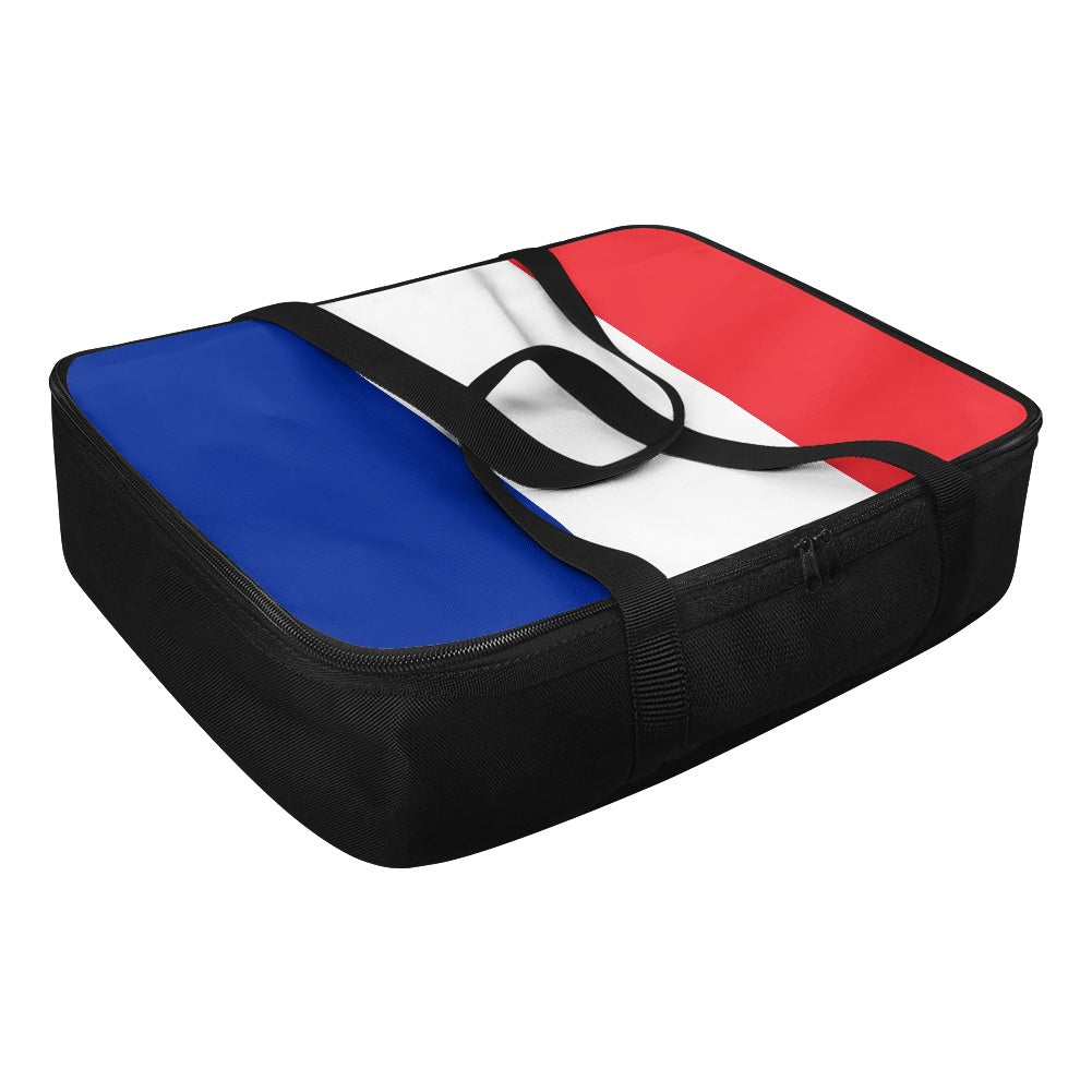 [Brand] black bag featuring French flag colors, zippered closure.