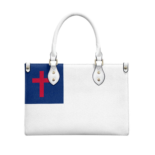 White handbag featuring a red cross design, [Brand].