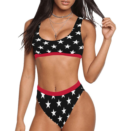 Thin Red Line Flag Inspired Sport Top & High-Waisted Bikini Swimsuit
