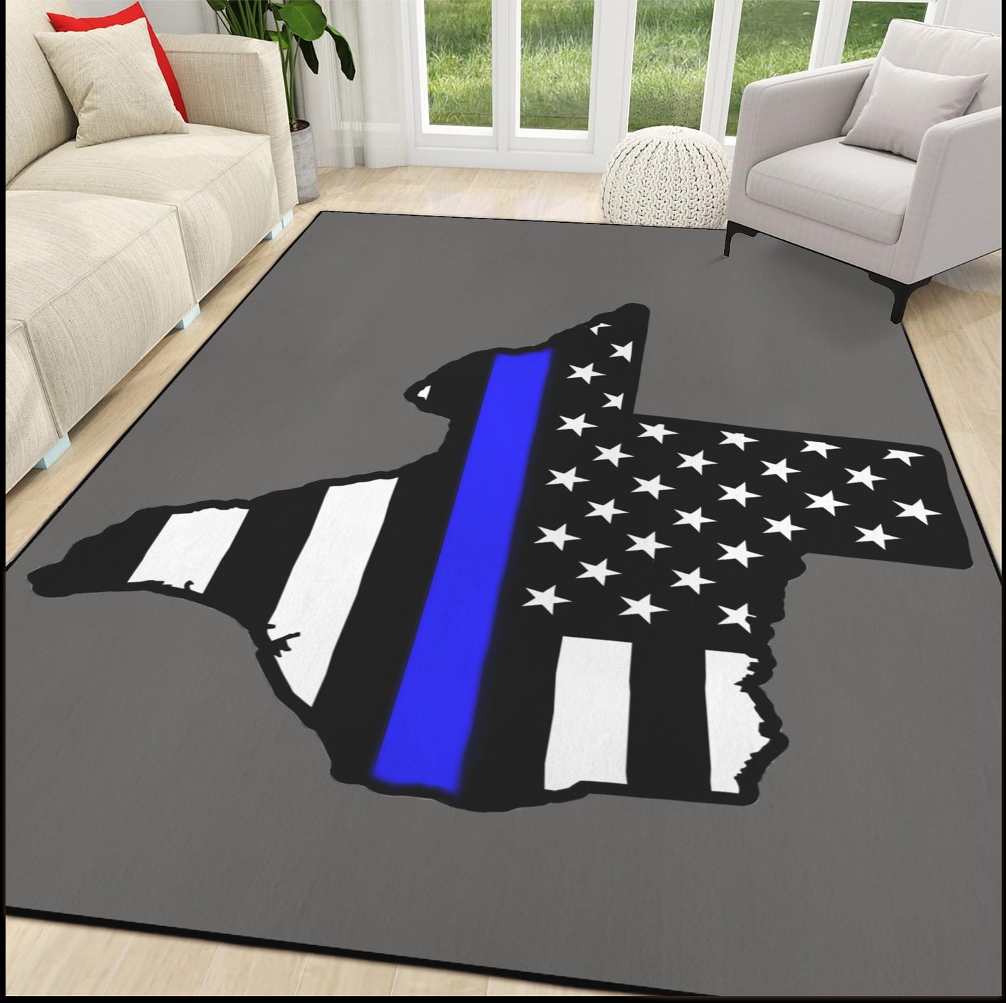 Thin Blue Line Flag Inspired Texas Shape 84x60 Inch Area Rug with Black Binding (Made in the USA)