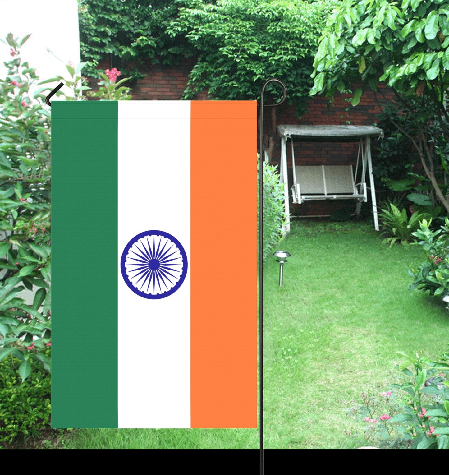Luv My Flag Indian flag in sunny garden with swing.