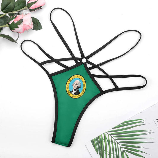[Brand] strappy green thong featuring Washington State seal design.
