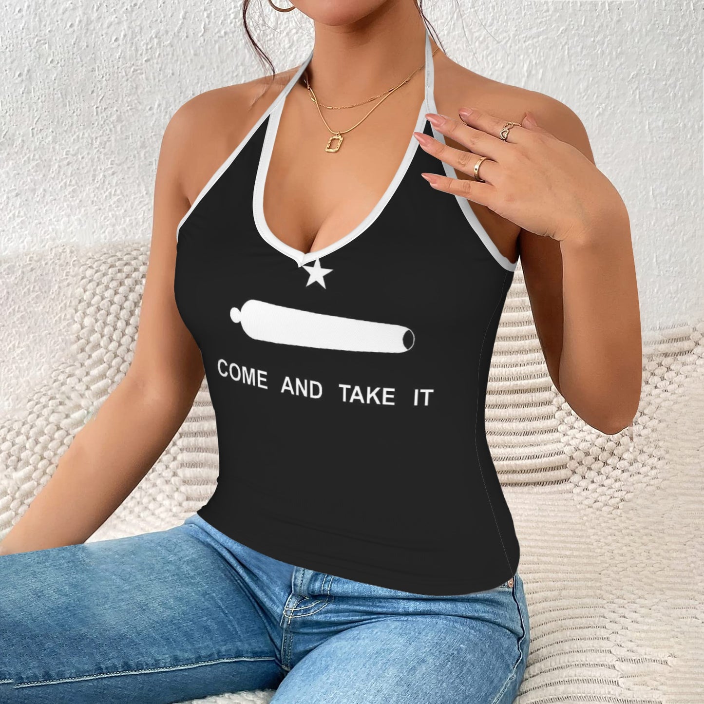 Come and Take It Flag Inspired V-neck Halter Open Back Tank Top