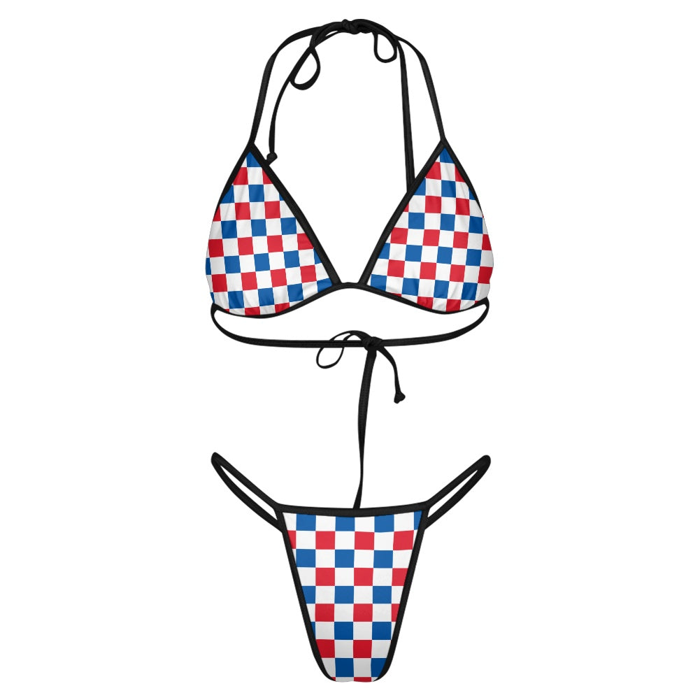 USA/American Flag Inspired Checkered Pattern Women's Triangle Bikini with Thong Bottom