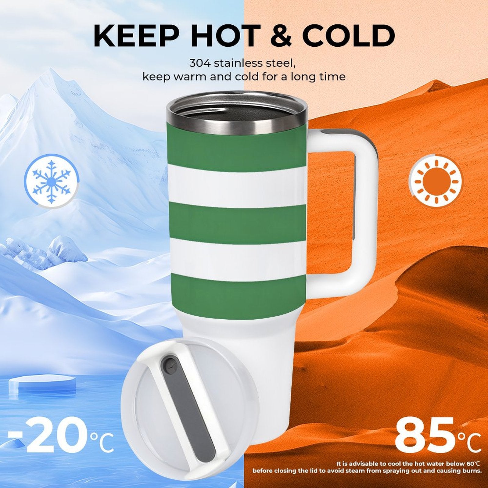 [Brand] insulated mug maintains hot and cold temperatures, -20°C/85°C.
